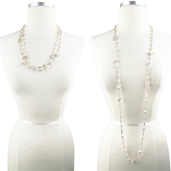 Chanel Gold Scratchy CC Gold Flower Pearl Long Necklace - Picture 3 of 5